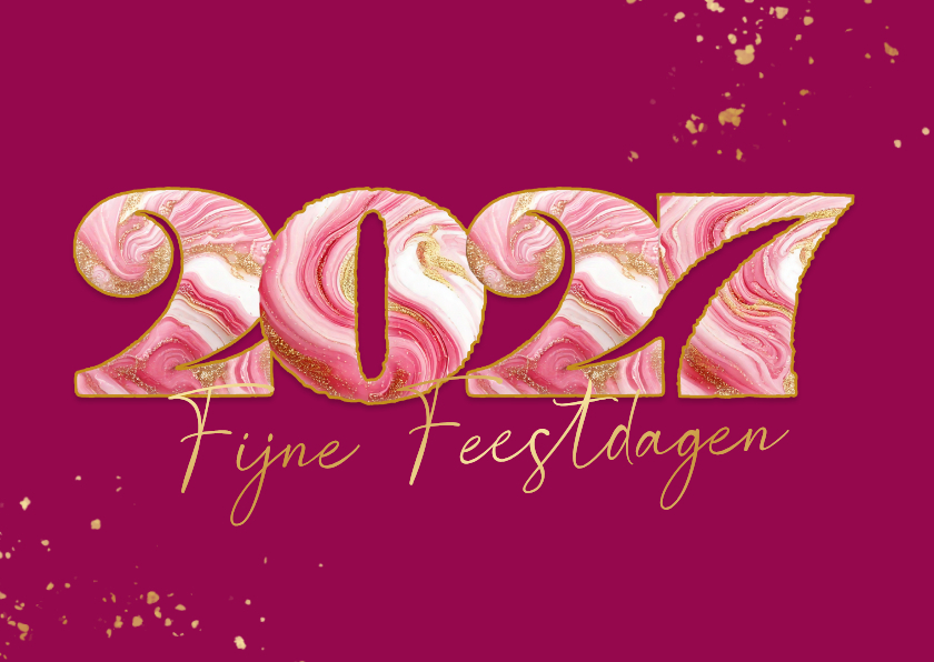 Vrolijke roze kerstkaart met gemarmerd jaartal - Kerstkaarten Kerstkaarten - Vrolijke roze kerstkaart met gemarmerd jaartal