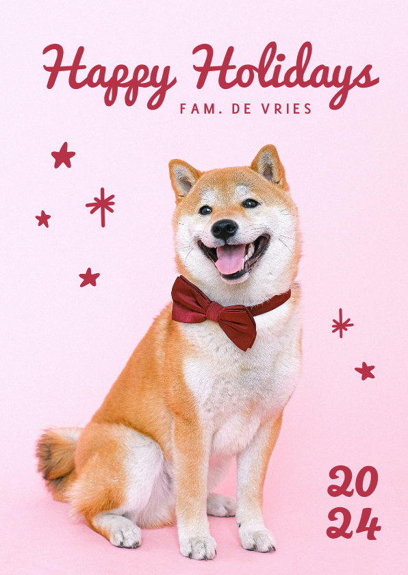 Vrolijke roze kerstkaart met hond met strik en sterren - Kerstkaarten Kerstkaarten - Vrolijke roze kerstkaart met hond met strik en sterren
