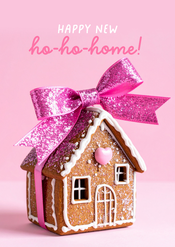 Kerstkaarten - Vrolijke verhuiskerstkaart met gemberkoekhuisje en strik