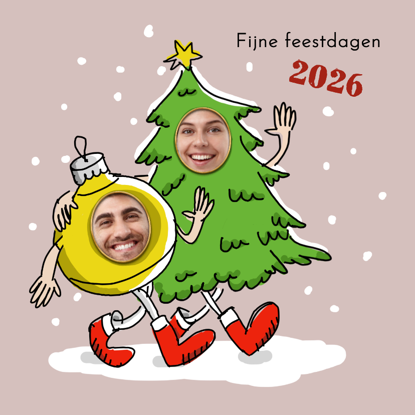 Kerstkaarten - Wandelende kerstboom en kerstbal met 2 foto's