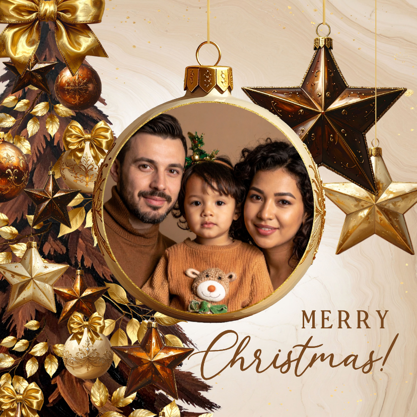 Warme kerstkaart bruine kerstboom kerstballen, ster en foto - Kerstkaarten Kerstkaarten - Warme kerstkaart bruine kerstboom kerstballen, ster en foto