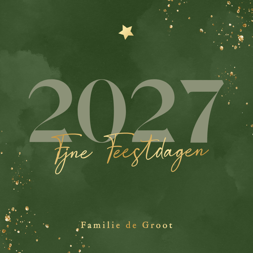 Waterverf kerstkaartje groen met jaartal en sterretje goud - Kerstkaarten Kerstkaarten - Waterverf kerstkaartje groen met jaartal en sterretje goud