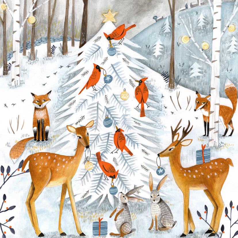 Kerstkaarten - Winter wonderland kerstboom en dieren