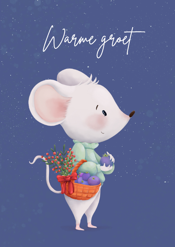 Winterkaart met lieve muis en fruitmand - Kerstkaarten Kerstkaarten - Winterkaart met lieve muis en fruitmand