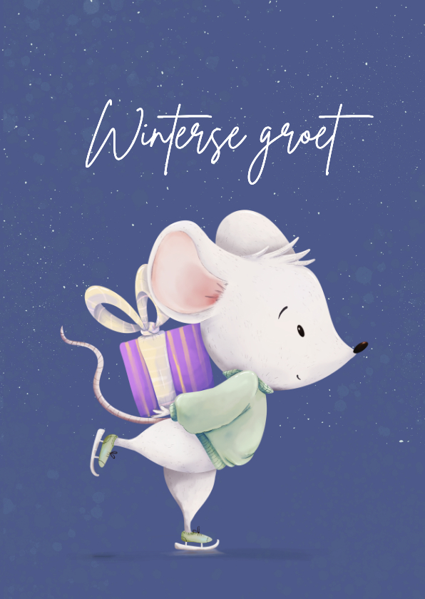 Kerstkaarten - Winterkaart met muis op schaatsen en cadeau