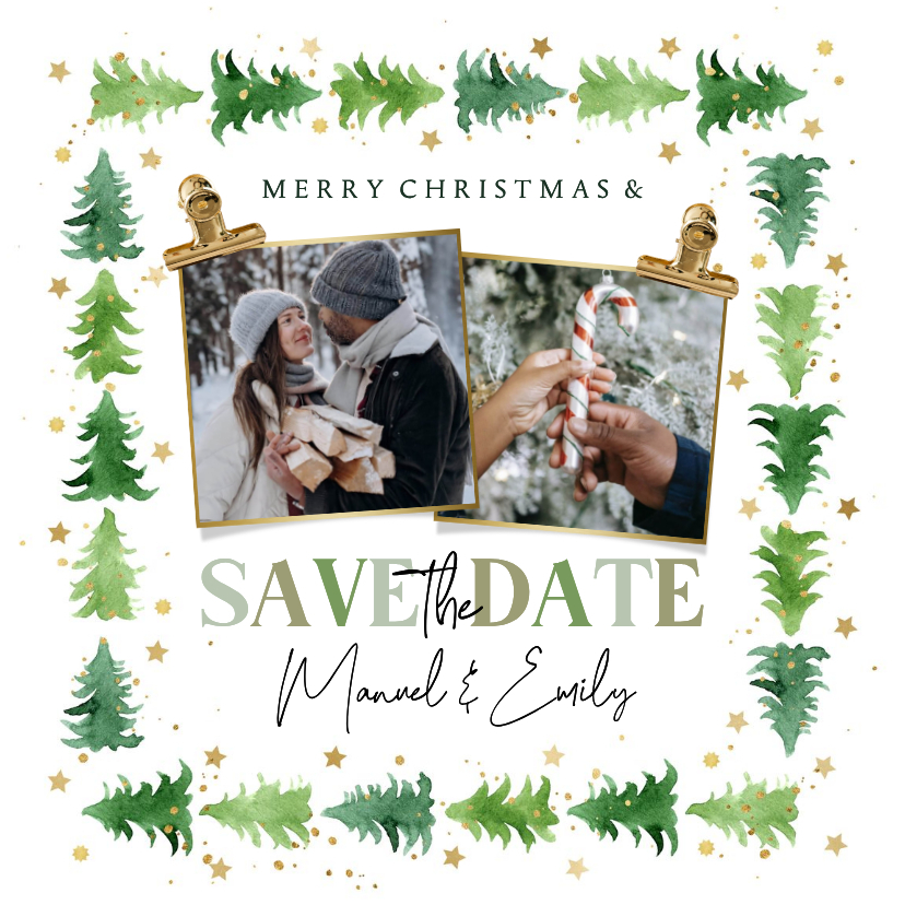 Winterse kerst Save the date watercolor kerstbomen goud foto - Kerstkaarten Kerstkaarten - Winterse kerst Save the date watercolor kerstbomen goud foto