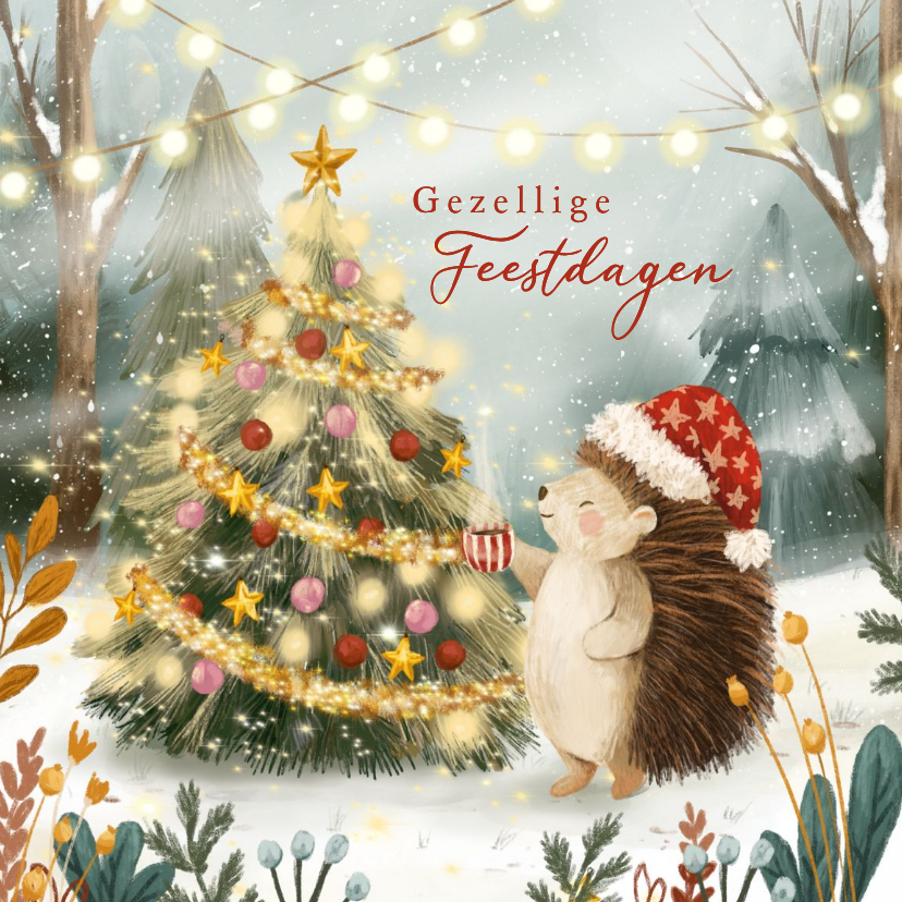 Winterse kerstkaart met egel en kerstboom - Kerstkaarten Kerstkaarten - Winterse kerstkaart met egel en kerstboom