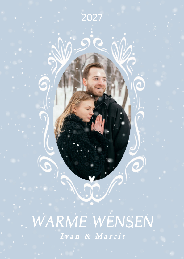 Winterse klassieke fotokaart met ornament kader en sneeuw - Kerstkaarten Kerstkaarten - Winterse klassieke fotokaart met ornament kader en sneeuw