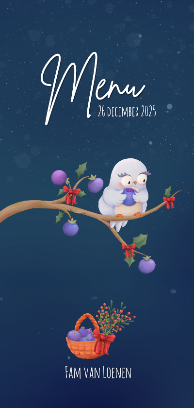 Winterse menukaart met uil en muis - Kerstkaarten Kerstkaarten - Winterse menukaart met uil en muis