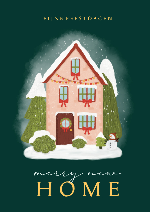 Kerstkaarten - Winterse verhuiskaart met huis kerstbomen en sneeuw