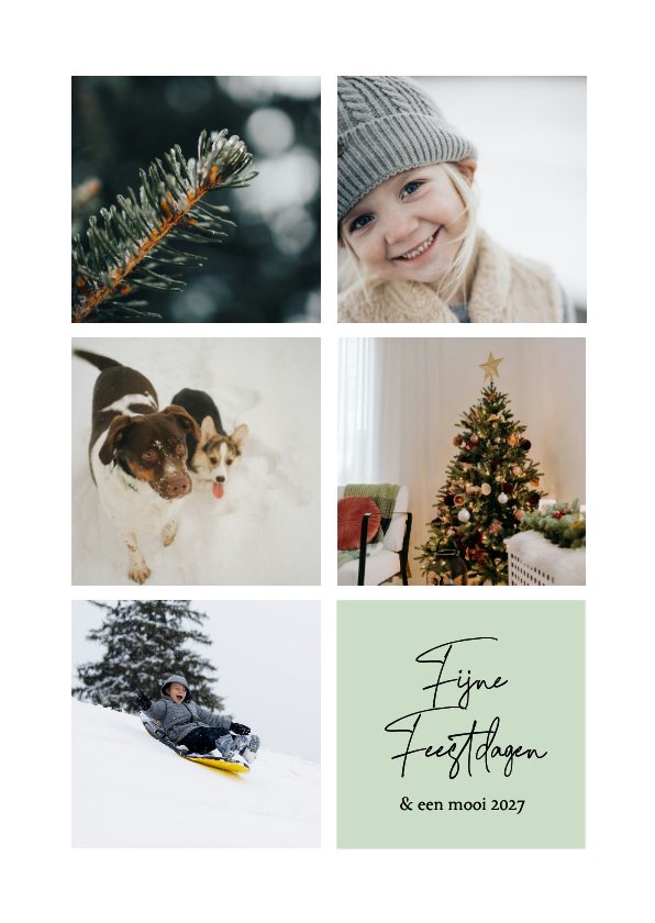 Witte kerstkaart met foto grid en groen vlak - Kerstkaarten Kerstkaarten - Witte kerstkaart met foto grid en groen vlak