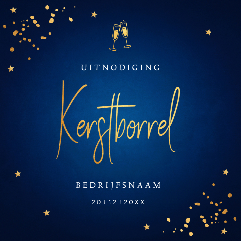 Kerstkaarten - Zakelijke kerstborrel uitnodiging blauw goudlook champagne