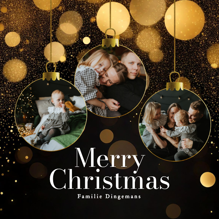 Kerstkaarten - Zwart kerstkaartje met foto in kerstbal vorm en glitters