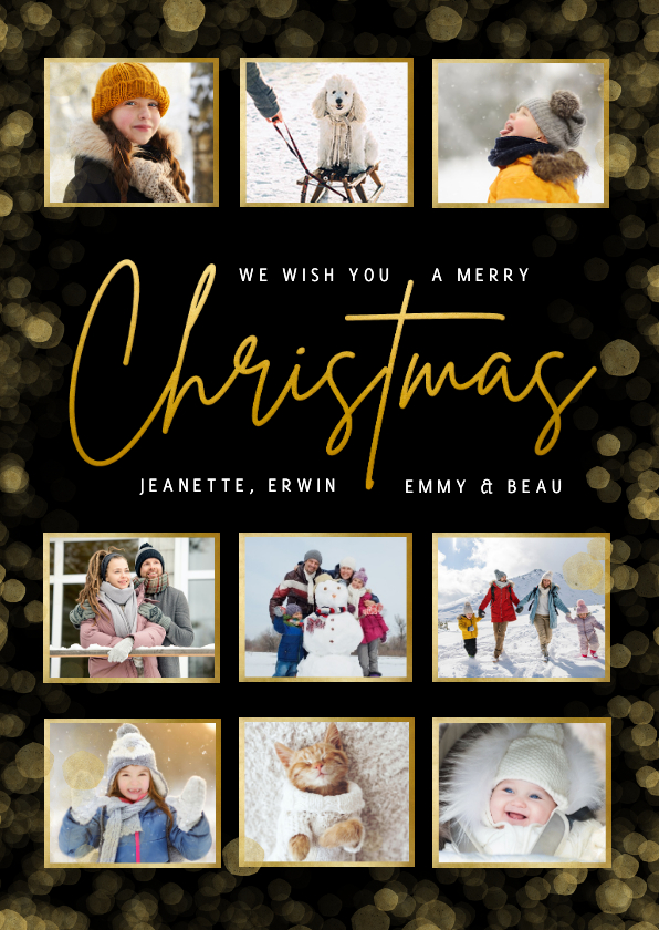 Zwarte fotocollage kerstkaart met goudlook merry christmas - Kerstkaarten Kerstkaarten - Zwarte fotocollage kerstkaart met goudlook merry christmas