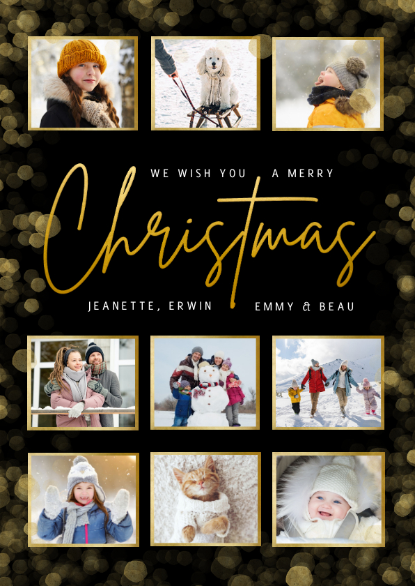 Zwarte fotocollage kerstkaart met goudlook merry christmas - Kerstkaarten Kerstkaarten - Zwarte fotocollage kerstkaart met goudlook merry christmas