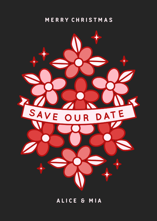 Kerstkaarten -  Zwarte kerst save the date kaart met rode en roze bloemen