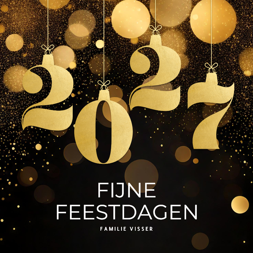 Kerstkaarten - Zwarte kerstkaart met gouden 2027 met glitter