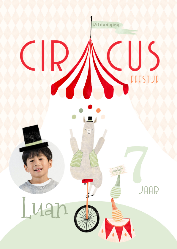 Kinderfeestjes - Circus kinderfeestje uitnodiging alpaca balanceren foto