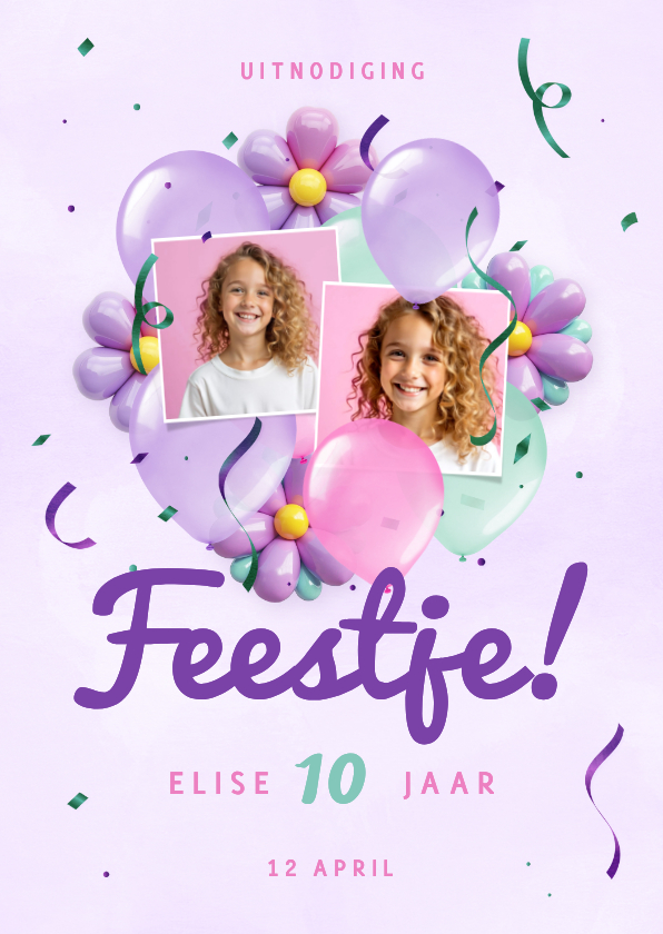 Feestelijke uitnodiging met ballonnen bloemen eigen foto - Kinderfeestjes Kinderfeestjes - Feestelijke uitnodiging met ballonnen bloemen eigen foto
