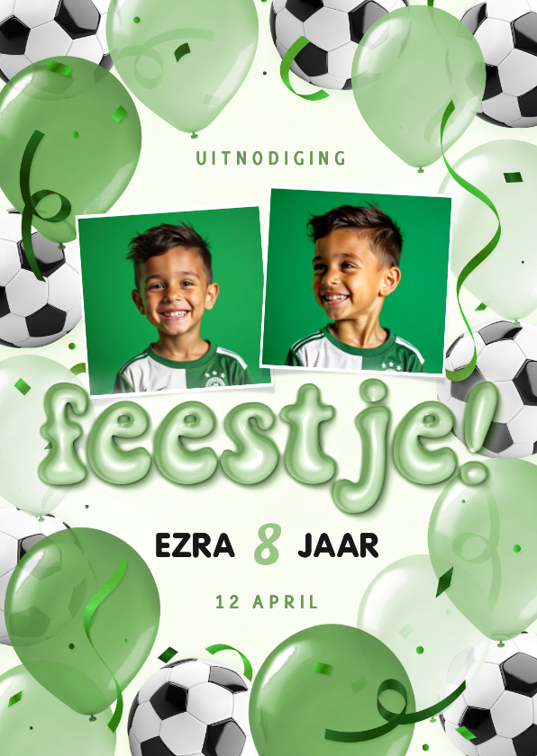 Feestelijke uitnodiging met voetballen en ballonnen - Kinderfeestjes Kinderfeestjes - Feestelijke uitnodiging met voetballen en ballonnen