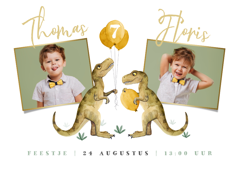 Kinderfeestjes - Feestje dinosaurus tweeling ballonnen foto's uitnodiging