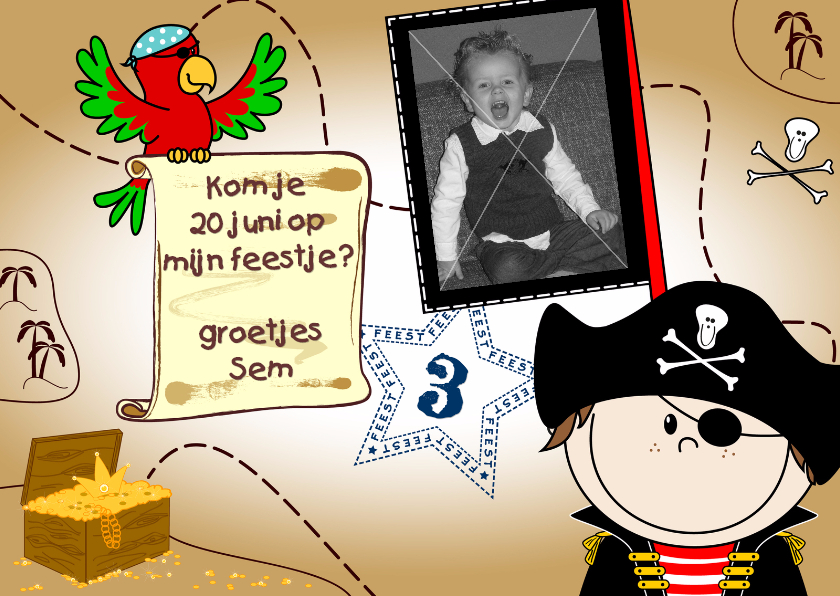Foto uitnodiging Piraat en papegaai - Kinderfeestjes Kinderfeestjes - Foto uitnodiging Piraat en papegaai
