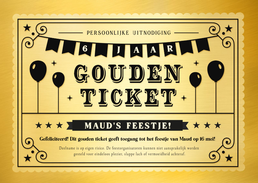 Grappige gouden ticket uitnodiging voor een kinderfeestje - Kinderfeestjes Kinderfeestjes - Grappige gouden ticket uitnodiging voor een kinderfeestje