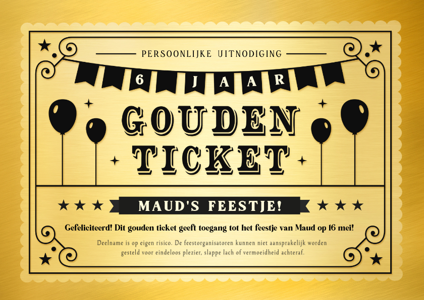 Kinderfeestjes - Grappige gouden ticket uitnodiging voor een kinderfeestje
