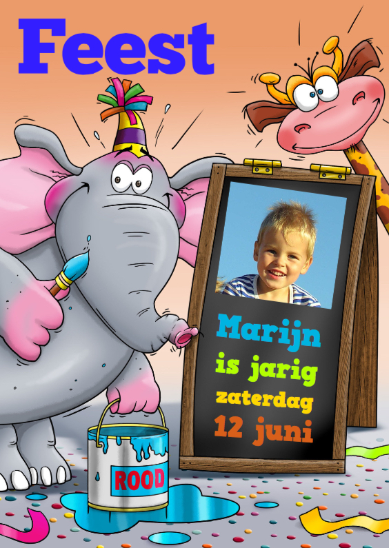 Grappige utnodiging kinderfeest met olifant, giraf en foto - Kinderfeestjes Kinderfeestjes - Grappige utnodiging kinderfeest met olifant, giraf en foto