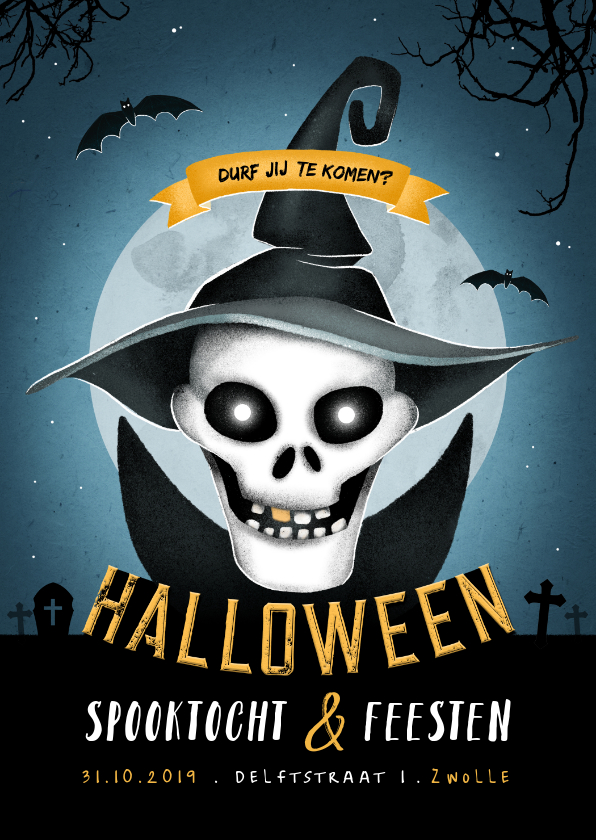 Kinderfeestjes - Halloweenfeest uitnodiging scary maan skelet