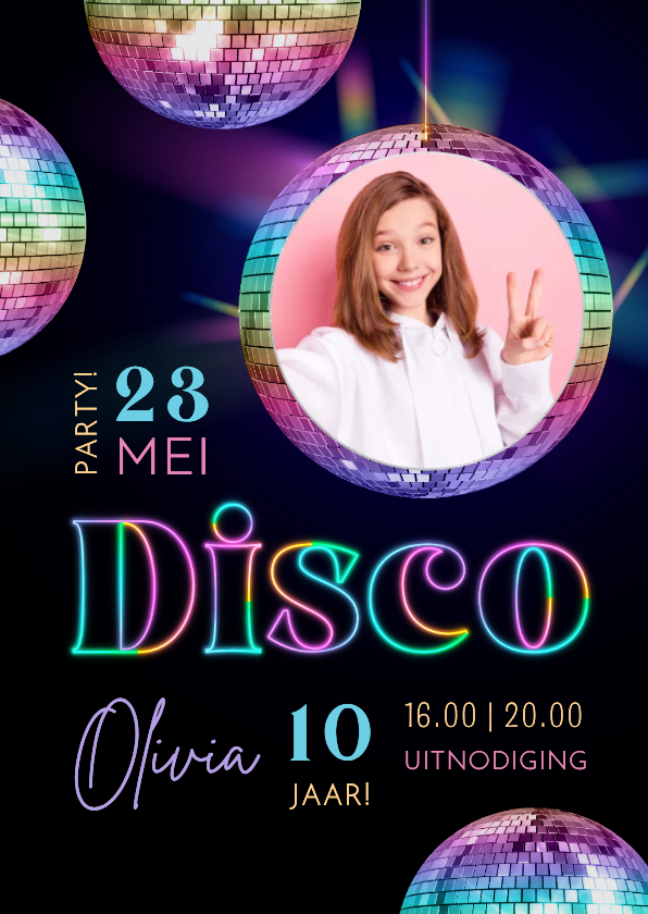 Kinderfeestjes - Hippe uitnodiging discofeestje lichtgevende regenboogkleuren