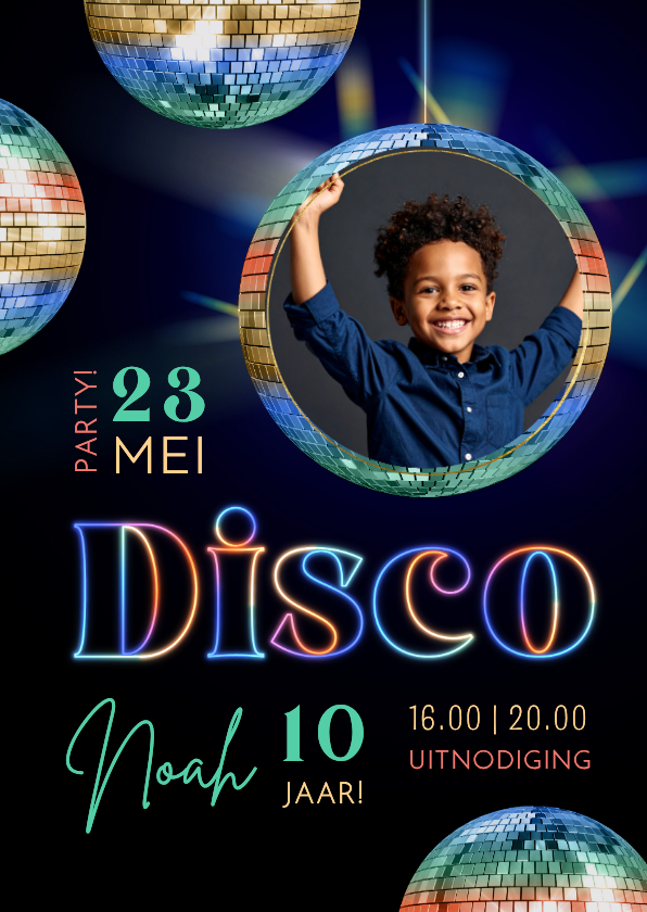 Hippe uitnodiging discofeestje stoere lichtgevende kleuren - Kinderfeestjes Kinderfeestjes - Hippe uitnodiging discofeestje stoere lichtgevende kleuren