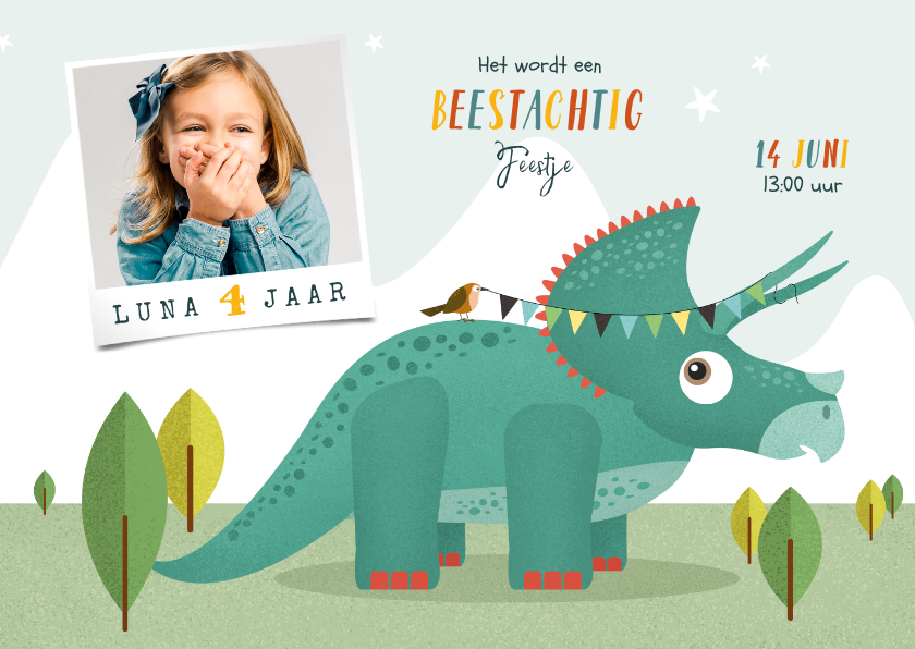 Kinderfeestjes - Kindefeestje vrolijk dinosaurus fotokaart triceratops