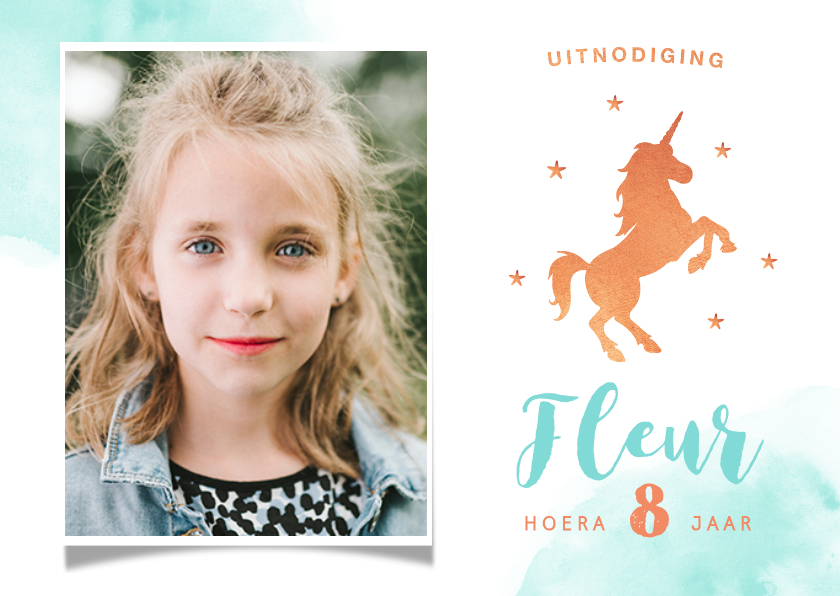 Kinderfeest uitnodiging stijlvol met eenhoorn en eigen foto - Kinderfeestjes Kinderfeestjes - Kinderfeest uitnodiging stijlvol met eenhoorn en eigen foto
