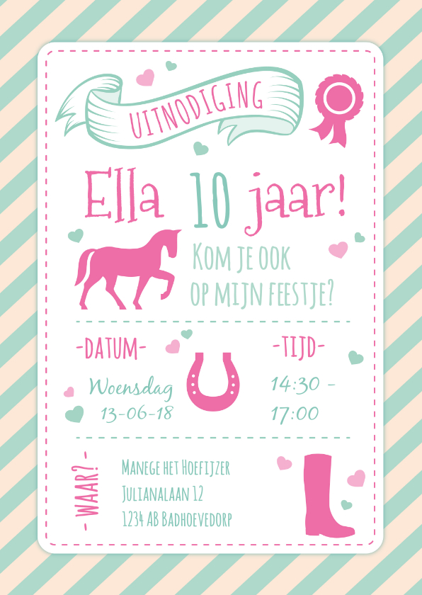 Kinderfeestjes - Kinderfeest uitnodiging voor een paarden feestje - roze 