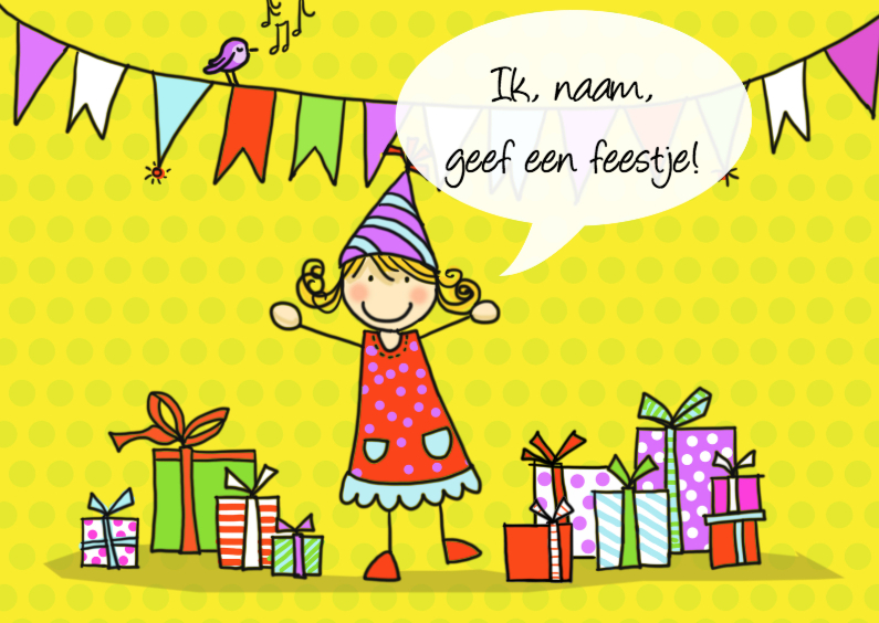 Kinderfeestje Anke geel met tekstballon - Kinderfeestjes Kinderfeestjes - Kinderfeestje Anke geel met tekstballon