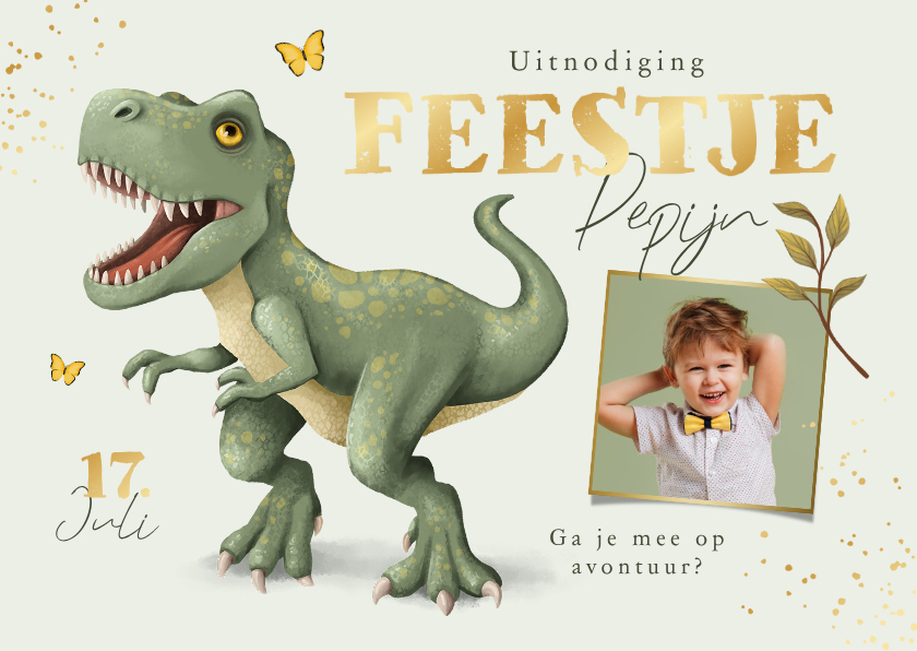 Kinderfeestje dinosaurus t-rex jungle stoer goud vlinders - Kinderfeestjes Kinderfeestjes - Kinderfeestje dinosaurus t-rex jungle stoer goud vlinders