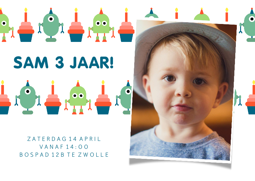 Kinderfeestje kaart met feestende robots en foto - Kinderfeestjes Kinderfeestjes - Kinderfeestje kaart met feestende robots en foto