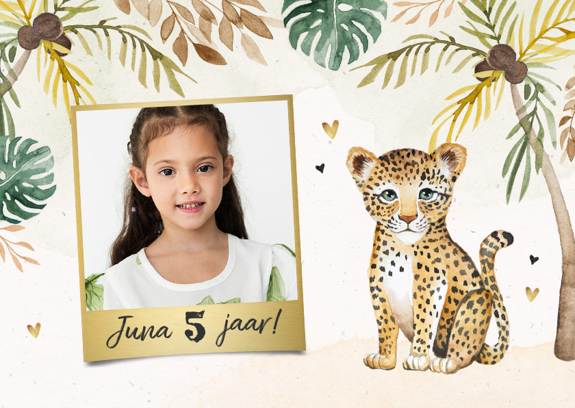 Kinderfeestjes - Kinderfeestje luipaard jungle meisje palmbomen foto hartjes