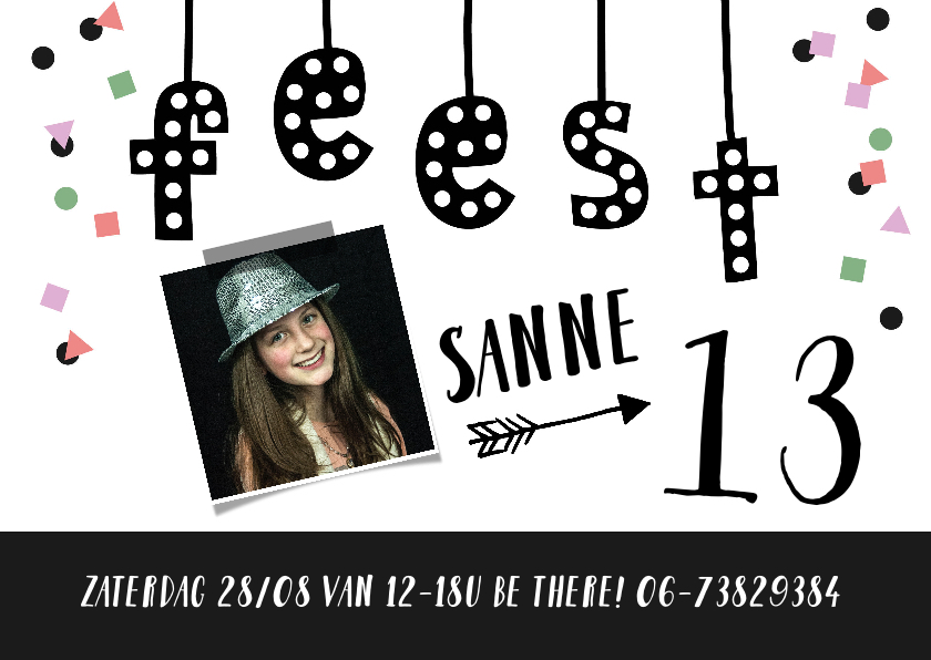 Kinderfeestje meisje confetti fotokaart met slinger - Kinderfeestjes Kinderfeestjes - Kinderfeestje meisje confetti fotokaart met slinger