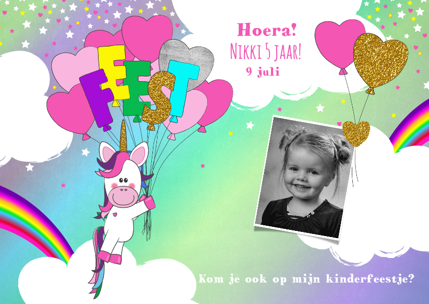 Kinderfeestjes - kinderfeestje schattige unicorn met ballonnen