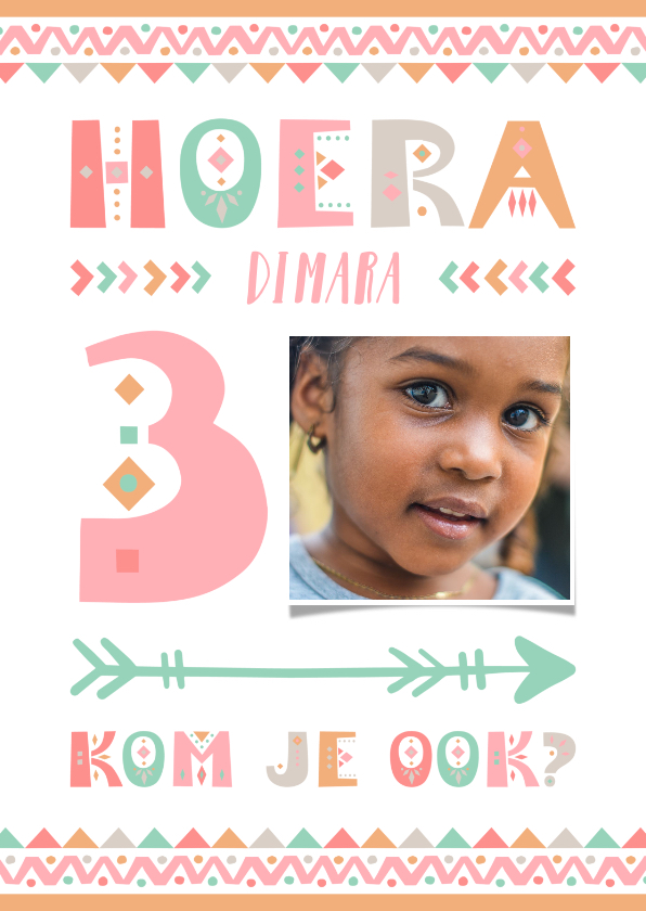 Kinderfeestje tribal stijl uitnodiging 3 jaar meisje - Kinderfeestjes Kinderfeestjes - Kinderfeestje tribal stijl uitnodiging 3 jaar meisje