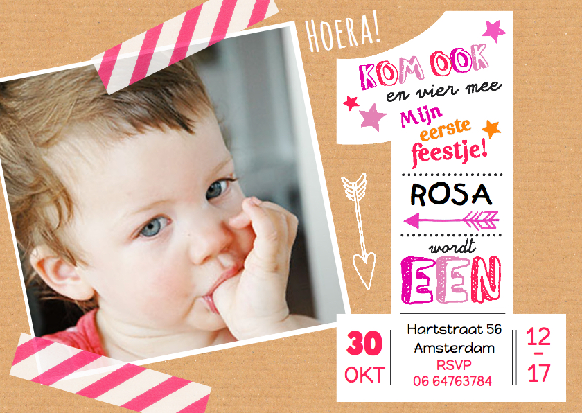 Kinderfeestje uitnodiging 1 jaar Rosa - Kinderfeestjes Kinderfeestjes - Kinderfeestje uitnodiging 1 jaar Rosa