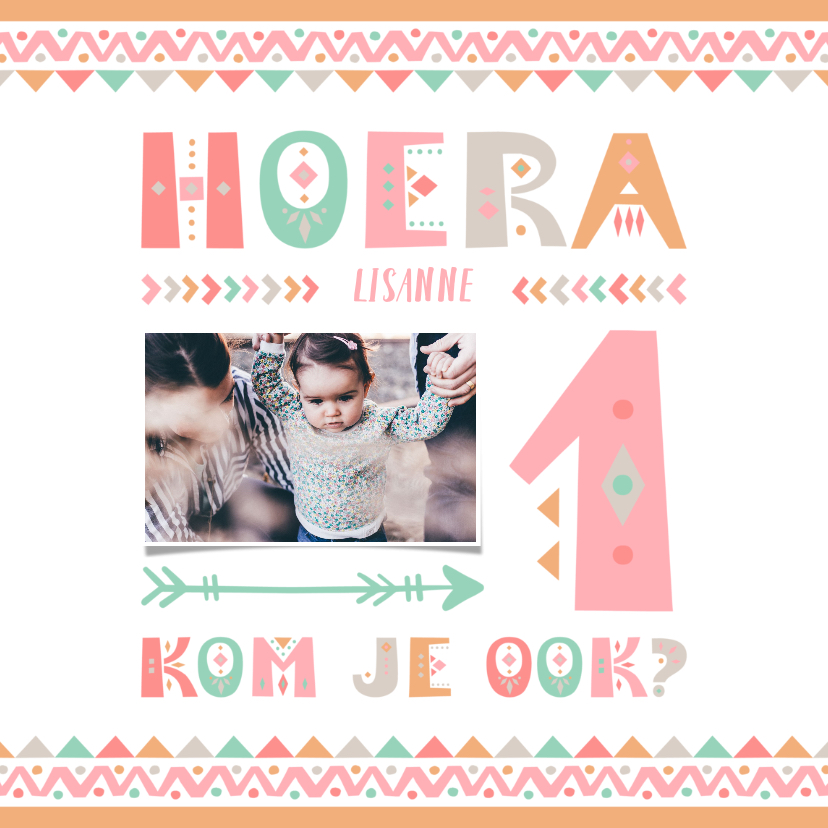 Kinderfeestje uitnodiging 1 jaar tribal stijl meisje - Kinderfeestjes Kinderfeestjes - Kinderfeestje uitnodiging 1 jaar tribal stijl meisje