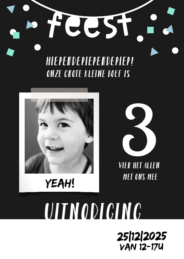 Kinderfeestje uitnodiging 3 jaar confetti - Kinderfeestjes Kinderfeestjes - Kinderfeestje uitnodiging 3 jaar confetti