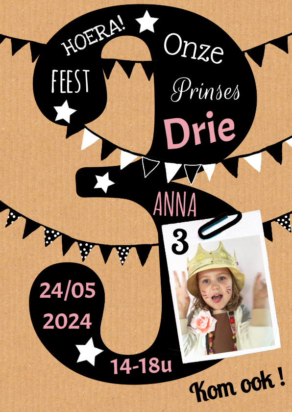 Kinderfeestje uitnodiging 3 jaar karton - Kinderfeestjes Kinderfeestjes - Kinderfeestje uitnodiging 3 jaar karton