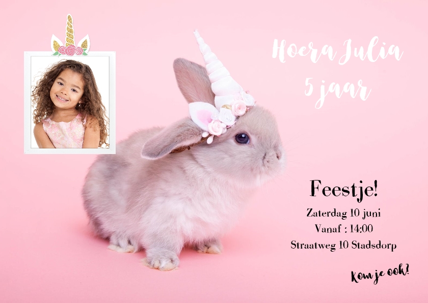 Kinderfeestjes - Kinderfeestje uitnodiging - Eenhoorn konijntje roze