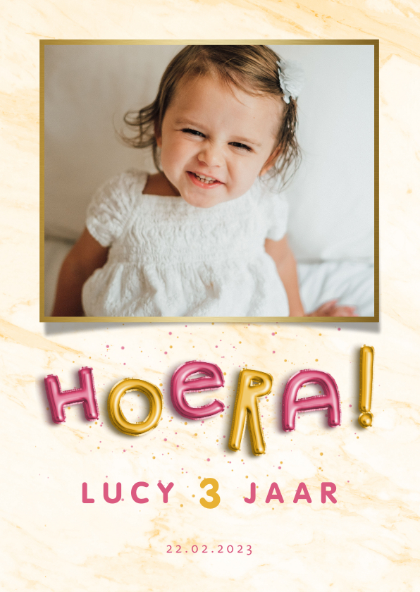 Kinderfeestje uitnodiging folieballonnen 'hoera' roze/goud - Kinderfeestjes Kinderfeestjes - Kinderfeestje uitnodiging folieballonnen 'hoera' roze/goud