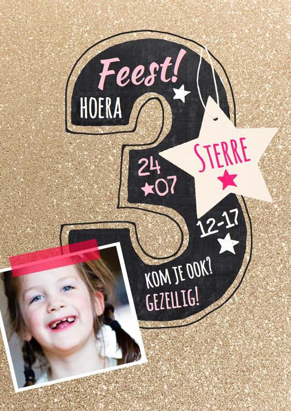 Kinderfeestje uitnodiging goud hip 3 - Kinderfeestjes Kinderfeestjes - Kinderfeestje uitnodiging goud hip 3