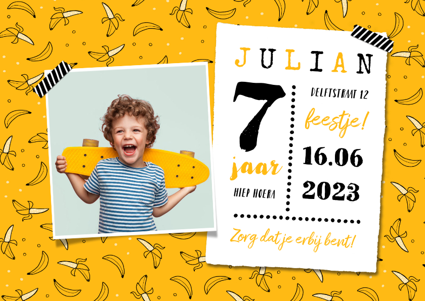 Kinderfeestje uitnodiging hip banaan foto okergeel foto - Kinderfeestjes Kinderfeestjes - Kinderfeestje uitnodiging hip banaan foto okergeel foto